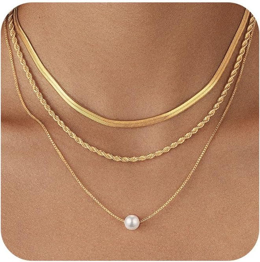 Layered Gold Necklace for Women Trendy 14K Gold Plated Heart CZ Pendant Layered Gold Necklaces Set Coin Choker Necklaces Simple Circle Cubic Zirconia Pearl Necklace Stack Herringbone Paperclip Chain Jewelry Set