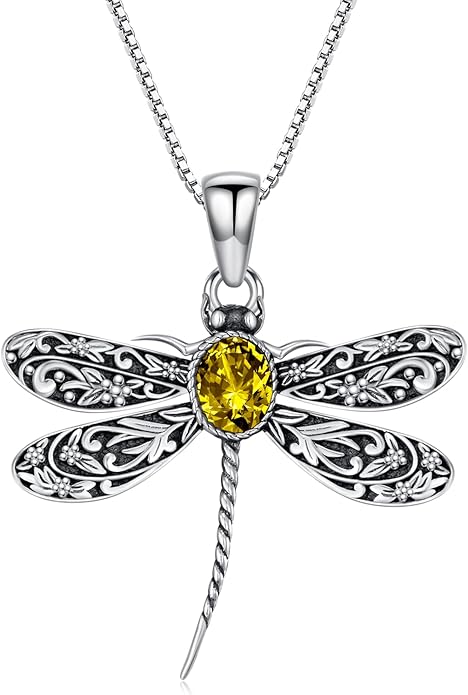 Vintage Dragonfly Necklace for Women 925 Sterling Silver, Oval Birthstone Dragonfly Pendant Boho Jewelry Birthday Gift for Her, Mom, Grandma