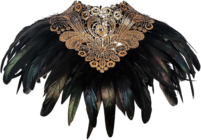 L'VOW Real Black Feather Harness Lace Collar Necklace Bib Halloween