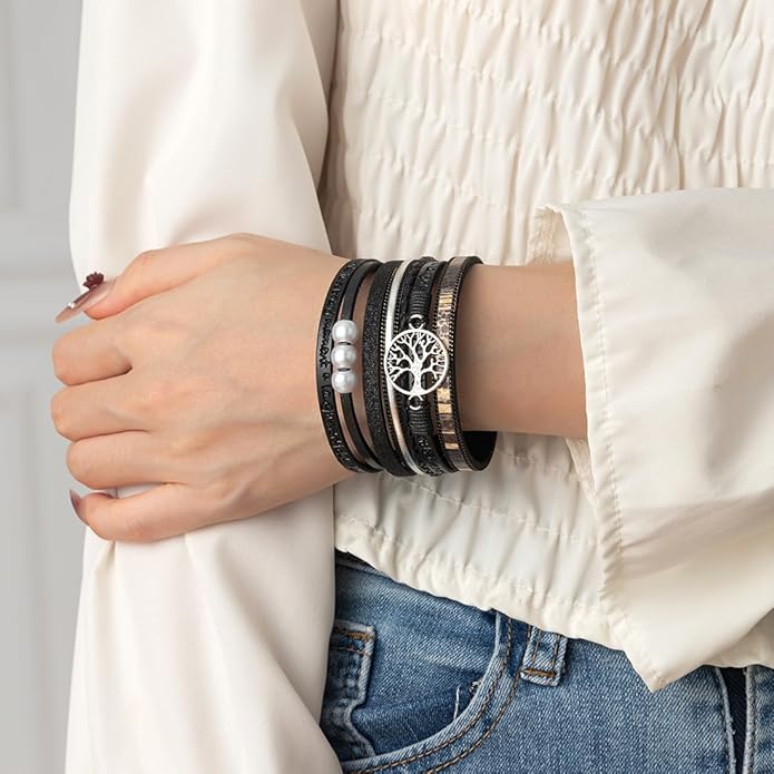 Rantanto Braid Leather Wrap Bracelet Trendy Stackable Crystal Cuff Boho Gold Heart Bracelet Jewelry Gift For Women