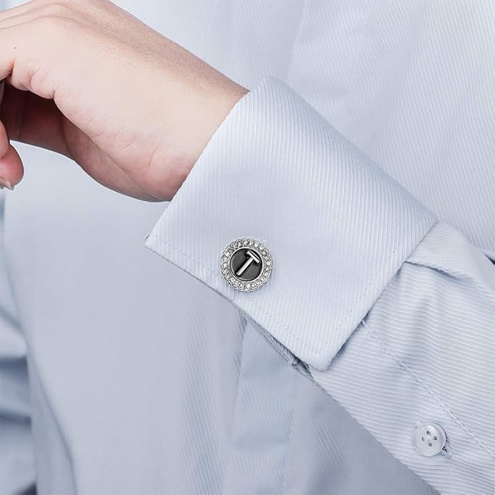 HAWSON A-Z Initial Cufflinks for Men and Women with Clear Crystal, Gold Silver Color Rasied Letter A-Z Cuff Links for French Shirt, Gift for Normal and Business Wearing