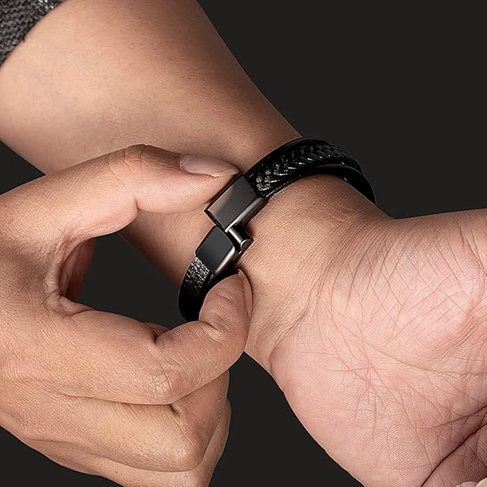 Mens Leather Bracelet Stainless Steel Leather Braided Bracelet Black Gift Men's Jewelry Cuff Bracelet Wrist Accessories