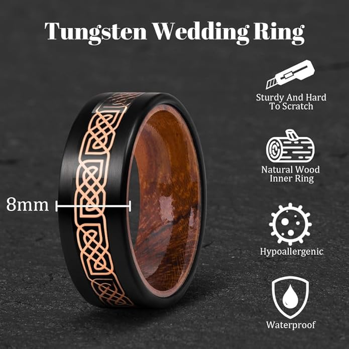 Mens Wedding Band Tungsten Rings: 8mm Black Tungsten Rings for Men Wood Wedding Ring Band for Man - Silver Ring for Men Wedding Bands for Women Wood Promise Rings for Him