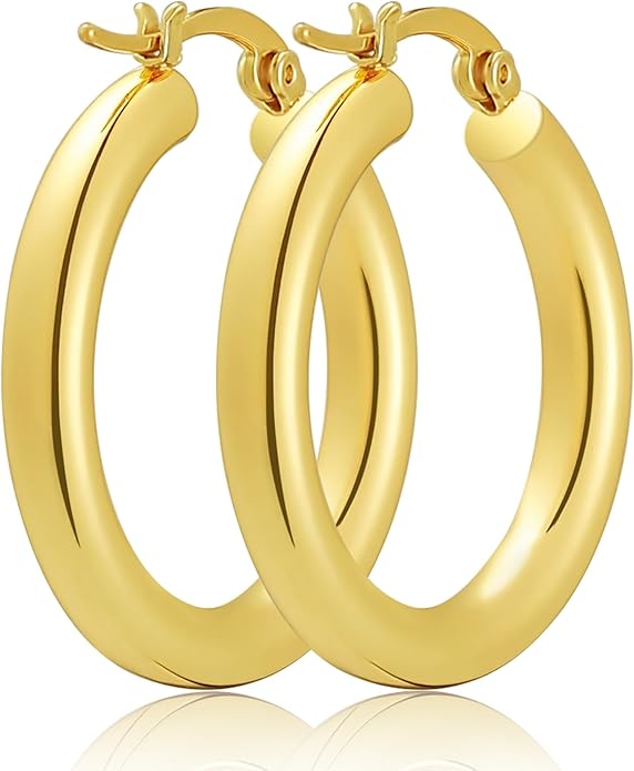 Hoop Earrings for Women, 18K Gold Plated Hoops Earrings, Hypoallergenic Lightweight Comfort Hollow Tube Hoops with Secure Push Lock, Chunky and Sleek Gold Hoops Large Earrings 20/30/40/50/60MM