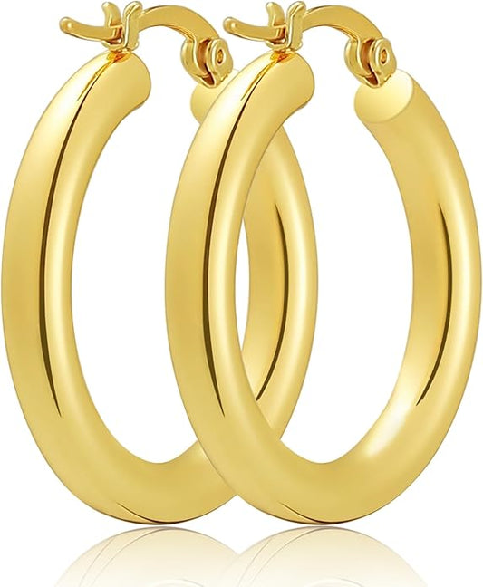 Hoop Earrings for Women, 18K Gold Plated Hoops Earrings, Hypoallergenic Lightweight Comfort Hollow Tube Hoops with Secure Push Lock, Chunky and Sleek Gold Hoops Large Earrings 20/30/40/50/60MM