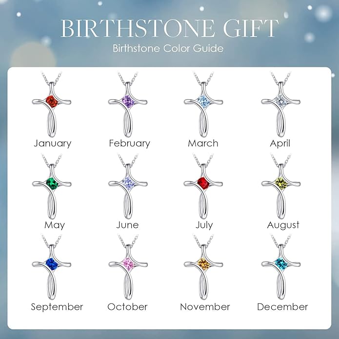 NINAMAID Cross Necklace for Women, 925 Sterling Silver Birthstone Necklace for Women with Diamond Sideways Cross Necklaces Birthstone Jewelry Birthday Gifts for Womens