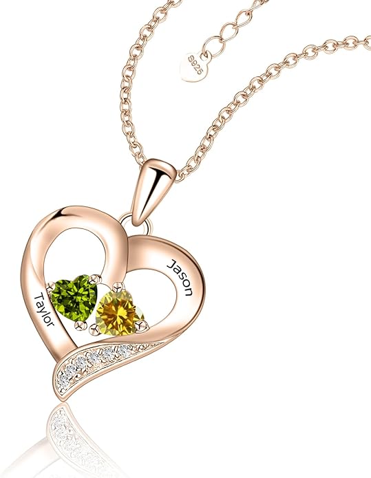 JOBFLY S925 Sterling Silver Customized 2 Birthstone Heart Necklace with 2 Name Engraved Personalized Mother Daughter Necklace Couple Jewelry Christmas Birthday Gift