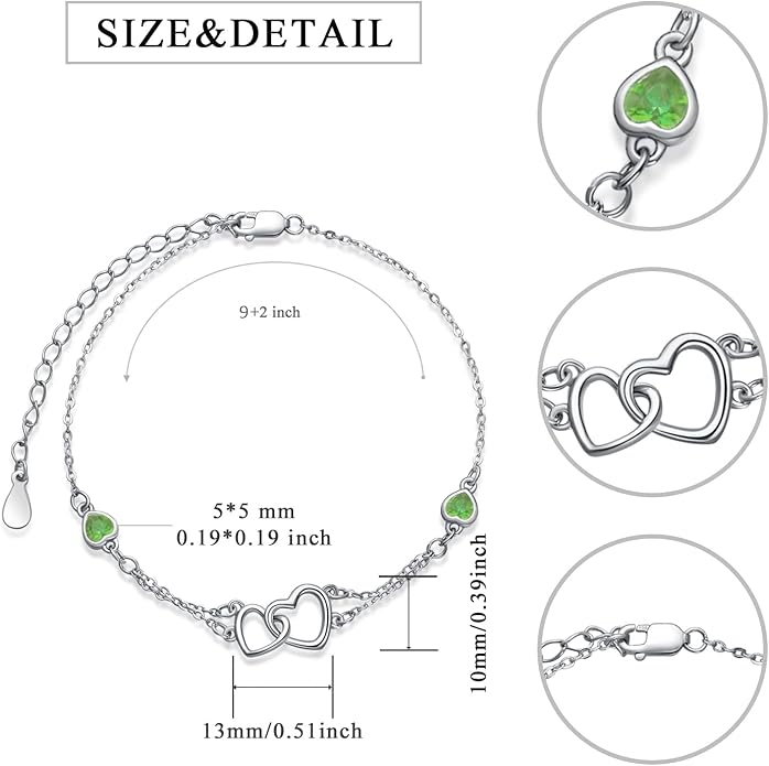 Dorunmo Anklet/Bracelet for Women 925 Sterling Silver Birthstone Jewelry Cubic Zirconia Double Heart Chain Jewelry for Mom Wife Friend Bride Valentine's Day Christmas Birthday Mother's Day