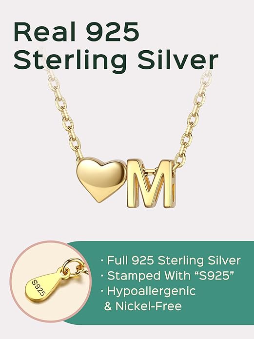 ChicSilver 925 Sterling Silver Heart Initial Necklaces for Women -Dainty Personalized Heart Pendant Letter Alphabet Necklace for Women