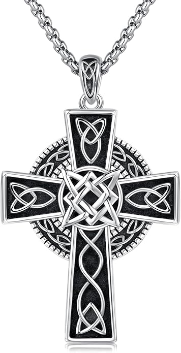 Midir&Etain Celtic Cross Necklace 925 Sterling Silver Cross Pendant Necklace Celtic Viking Irish Jewelry Religious Protective Gift for Men Women