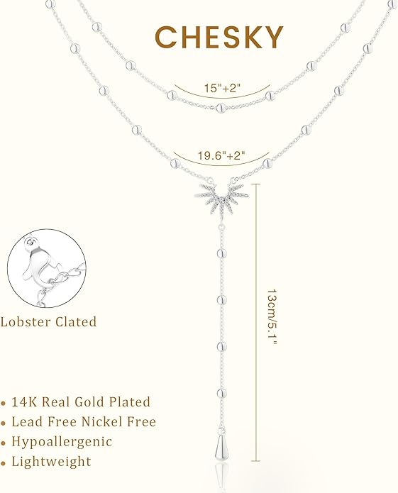 CHESKY Lariat Gold Necklace for Women Trendy, Dainty Long Necklace 14k Gold Plated/Silver Y-Shaped Pendant Necklace Layered Cz Beaded Chain Drop Necklaces Simple Gold Jewelry For Women Gift