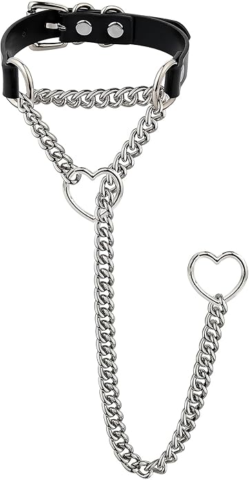 Handmade Black Heart Choker Collar For Women, Punk Gothic O-ring Slip Chain Necklace with Adjustable Vegan Leather Buckle