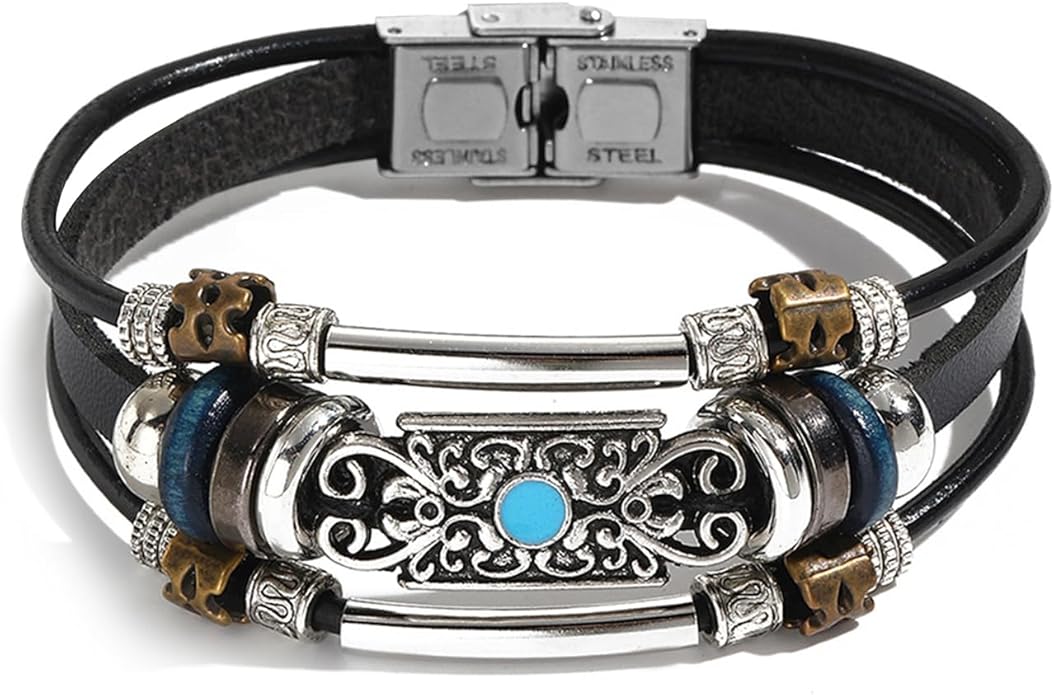 VIBILIA Vintage Leather Wrap Bracelets for Men Women, Multi-Strand Bracelets with Strong Clasp Ethnic Tribal Bracelets