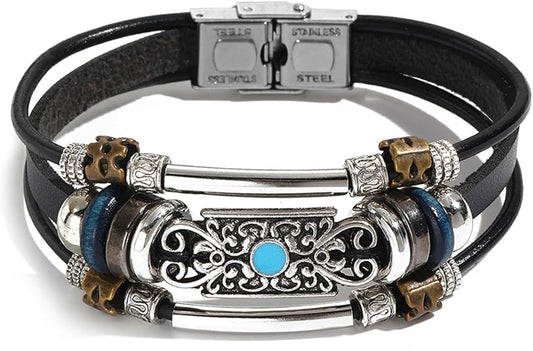 VIBILIA Vintage Leather Wrap Bracelets for Men Women, Multi-Strand Bracelets with Strong Clasp Ethnic Tribal Bracelets