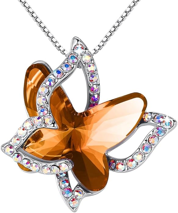 Gift Butterfly Birthstone Crystal Necklace, Silver Tone with 18”+2” Chain, Necklace for Mother’s Day Anniversary Birthday Gifts for Women and Daughter