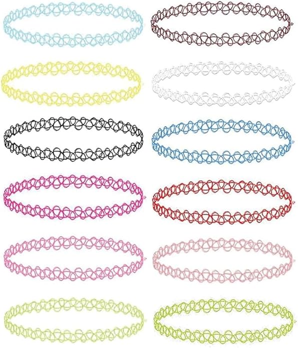 BodyJ4You 12PC Tattoo Choker Necklace - 90s Accessories 2000s Jewelry Y2K Fashion Vintage Trendy - Rainbow Goth Black Pink Green Blue White - Adjustable Stretchy Elastic Necklace Summer Vacation Set