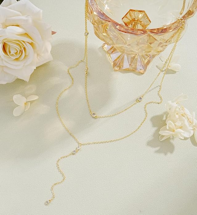 iF YOU Lariat Gold Long Necklaces for Women Trendy, Dainty 14K Gold Plated Drop Chain Necklace, Layered Rosary Beaded Y Necklaces Simple Fashion Jewelry Gifts