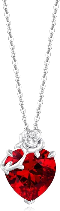FANCIME 14K Solid White Gold Rose Pendant with Sterling Silver Chain Heart Birthstone Gemstone Fine Jewelry Christmas Gifts for Women Her
