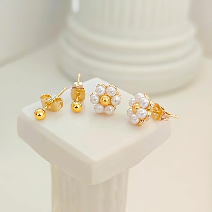 IMBOS Pearl Earrings 14k Gold Plated Daisy Flower Stud Earrings for Women Ball Stud Flat Back Earring Hypoallergenic Statement Earring Trendy Jewelry Gift for Women