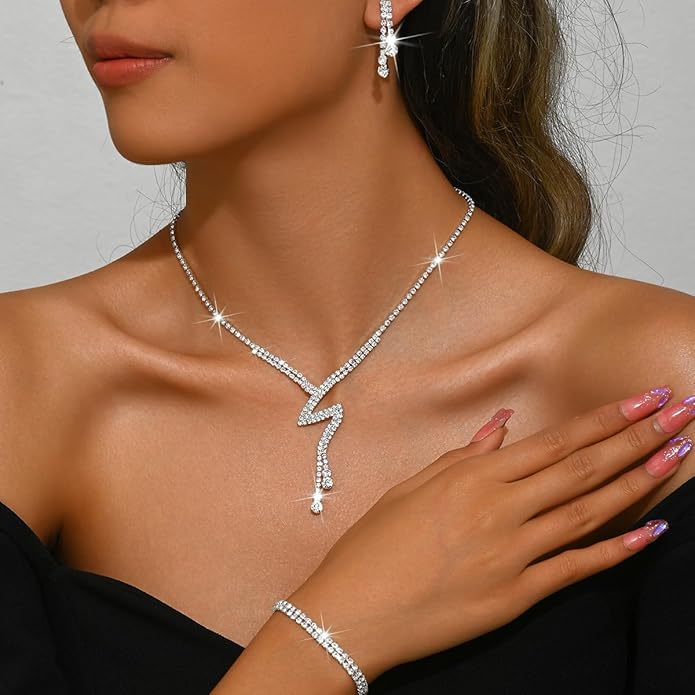 MIFYNN Rhinestone Wedding Set for Women Sparkle Crystal Earrings Necklace Bracelet Jewelry Set Wedding Party Prom Jewelry Set for Brides Bridesmaid