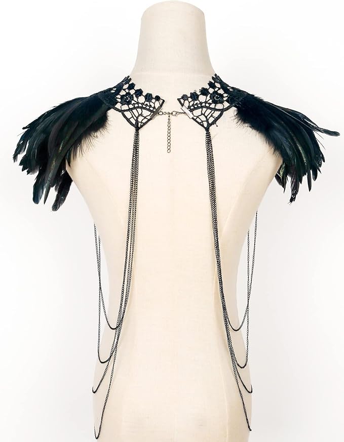 L'VOW Real Black Feather Harness Lace Collar Necklace Bib Halloween