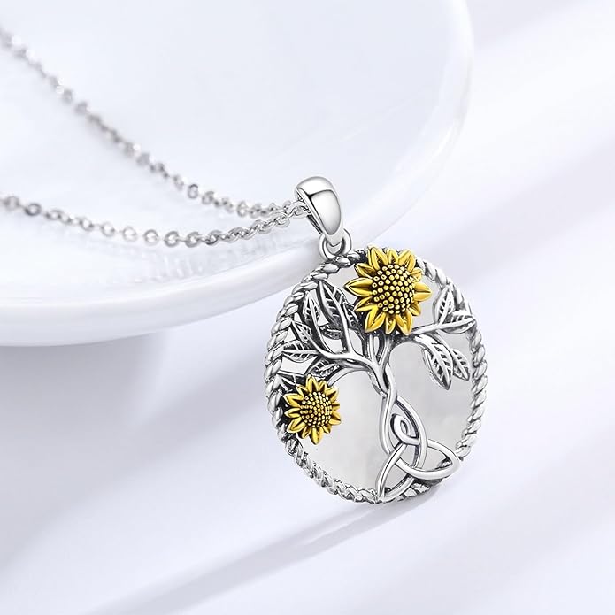 CHENGHONG Sunflower Necklace 925 Sterling Silver Tree of Life Necklace Daisy/Rose/Sunflower Pendant Necklace Sunflower Jewelry Gifts for Women Mom