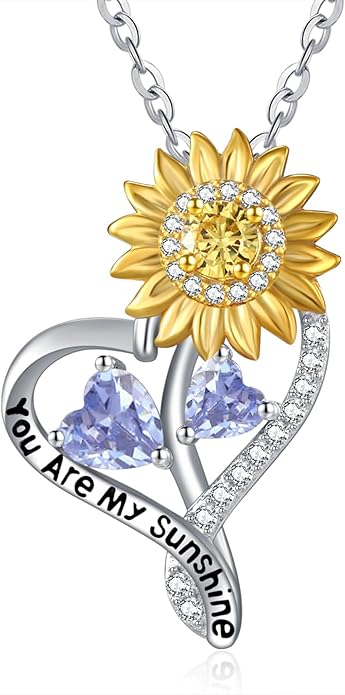 Zeuslia Double Birthstone Necklace Gifts for Wife - 925 Sterling Silver Sunflower/Rose/Crown Cross/Compass/Heart Pendant I Love You Necklace, Anniversary Birthday Gifts for Wife Girlfriend Mom Her