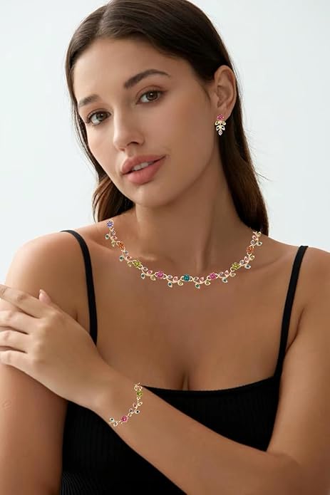 Austrian Crystal Rhinestone Choker Necklace Dangle Earring Link Bracelet Jewelry Set for Brides Bridesmaid Prom Costume Accessories for Women