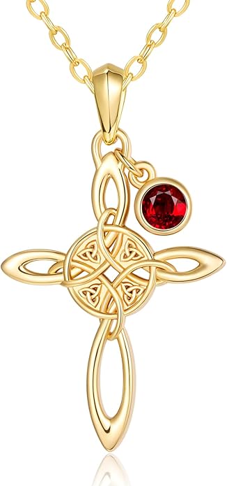 Witches Knot Necklace for Women, 14K Gold Celtic Knot Cross Jewelry with Triquetra Trinity with Birthstone Pendant, Birthday Witchy Spiritual Gifts for Her Wife Mom Grandma, 18+2 Inch Chain