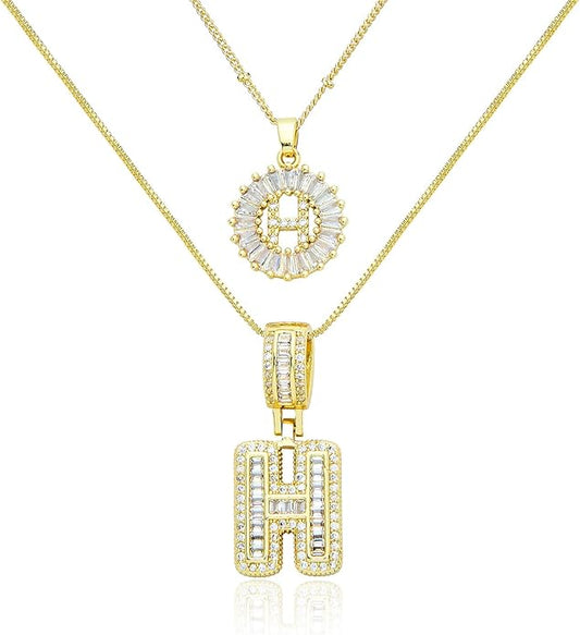 14K Gold Plated Initial Letter Pendant Necklace, Cubic Zirconia Crystal, Copper Chain