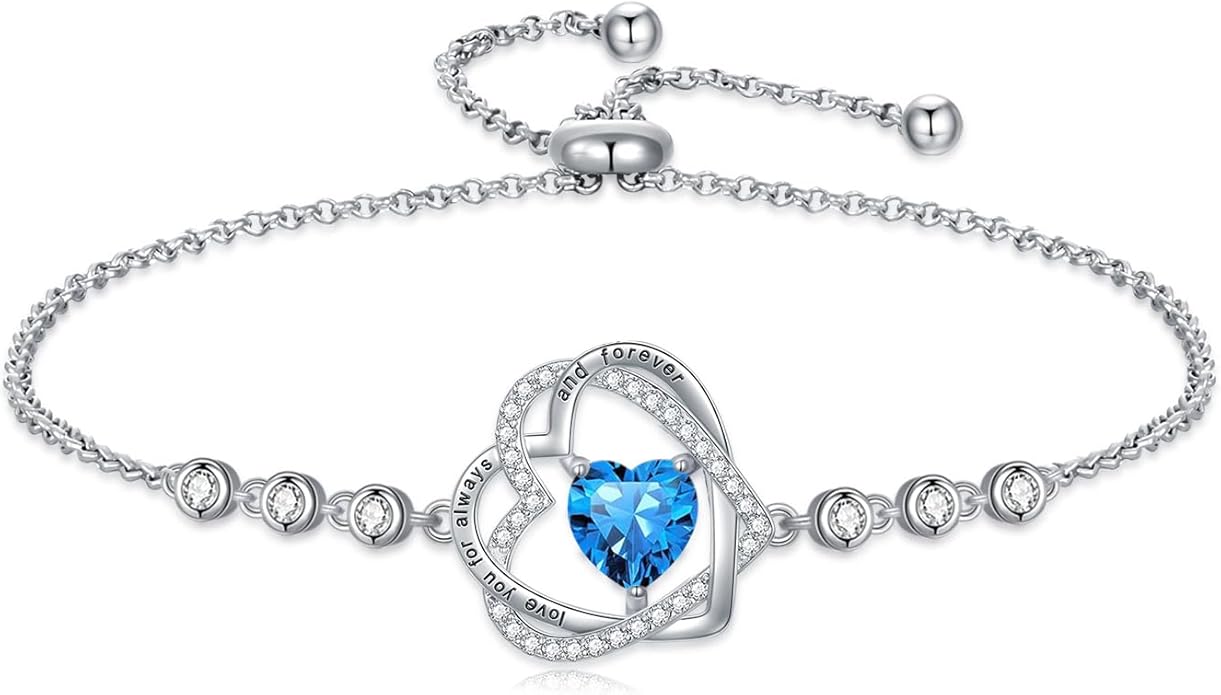 TOUPOP Heart Birthstone Bracelet 925 Sterling Silver Double Heart Bracelet Love You for Always and Forever Jewelry Anniversary Birthday Christmas Gifts for Women Wife Her
