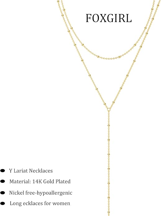 Foxgirl Lariat Gold Necklace for Women, Dainty Long Necklace 14k Gold Plated/Silver Y-Shaped Pendant Necklace Trendy Layered Cz Beaded Chain Drop Necklaces Simple Gold Jewelry For Women Gift