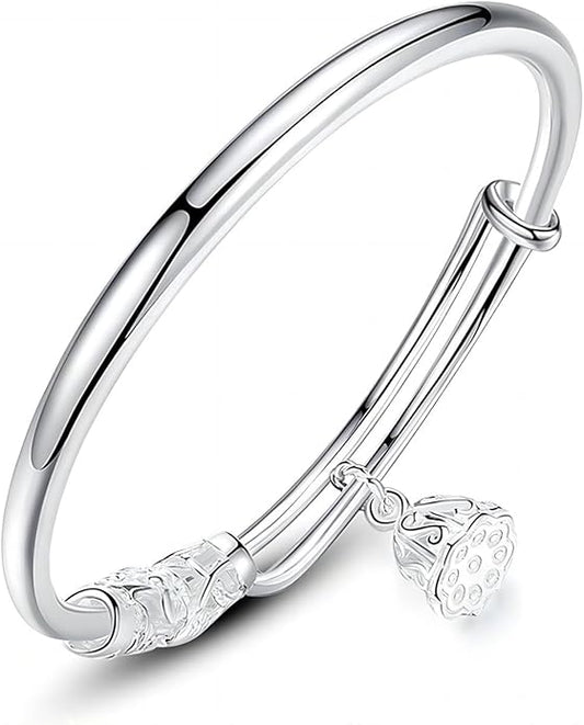 S925 Silver Bangle Bracelet for Women, Elegant Women‘s Sterling Silver Bracelet Bangle Adjustable 6.4-7.8 inches Small Size
