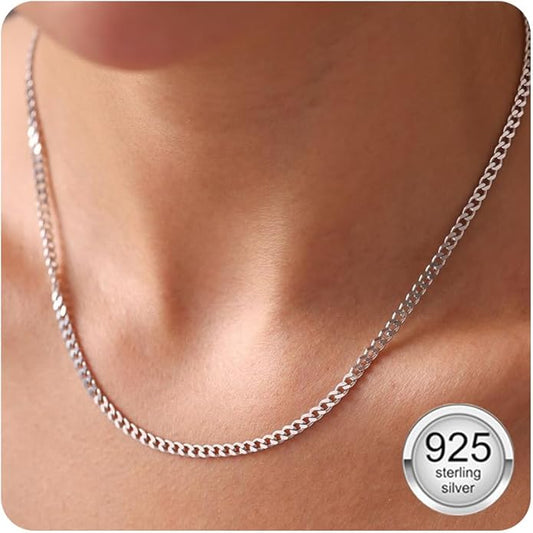 3mm Cuban Link Chains for Women Men, s925 Sterling Silver Plated Necklace Curb Chain 14, 16, 18, 20, 22, 24 Inch