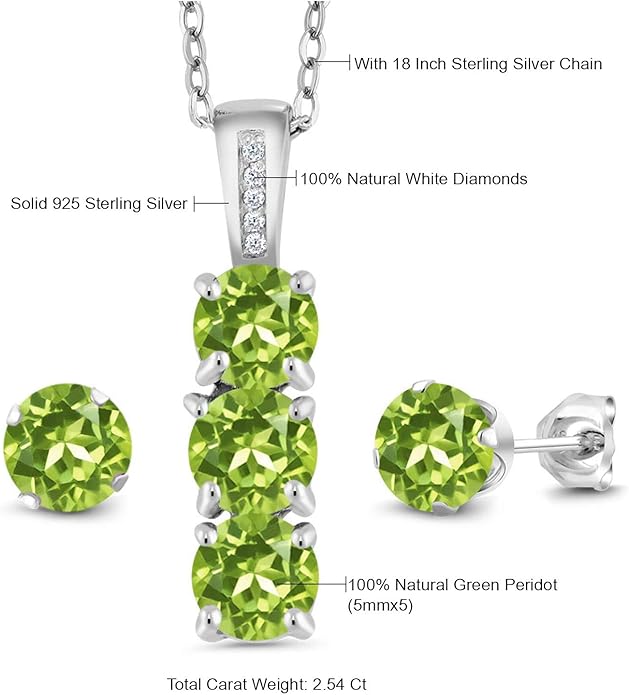 Gem Stone King 925 Sterling Silver 5MM Gemstone Birthstone and White Diamond 3-Stone Pendant and Earrings Jewelry Set For Women | With 18 Inch Chain
