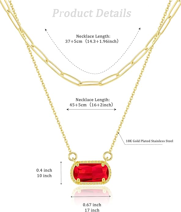 Lourny Gemstone Birthstone Pendant Layered Necklace for Women Trendy, 18K Gold Plated Paperclip Chain Preppy Choker Charm Necklace for Women Wife Jewelry