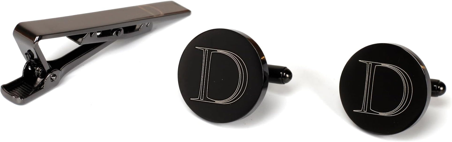 Mens Initial Cufflinks and Tie Clip A-Z Alphabet Letter Black Stainless Cuff Links Tie Bar with Engraved Walnut Wood Box Groom Groomsman Wedding Set