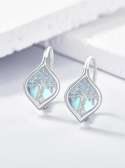 WINNICACA Leverback Earrings for Wonen 925 Sterling Silver Tree of Life Earrings Dangle Drop Turquoise Moonstone Moss Agate Heart Jewelry Gifts for Women Anniversary Birthday Christmas