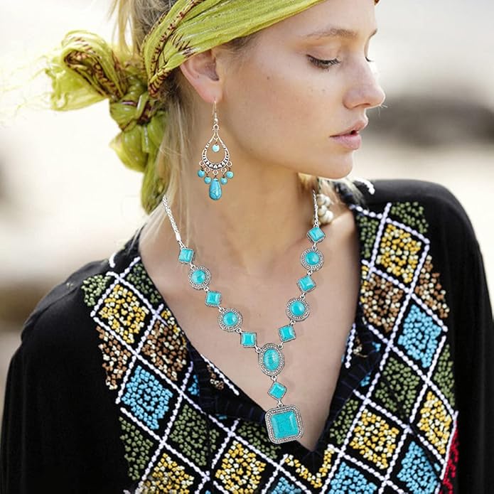Bohemian Turquoise Necklace Set - Women's Western Jewelry with Long Choker, Pendant, Dangle Earrings, Layered Bracelets