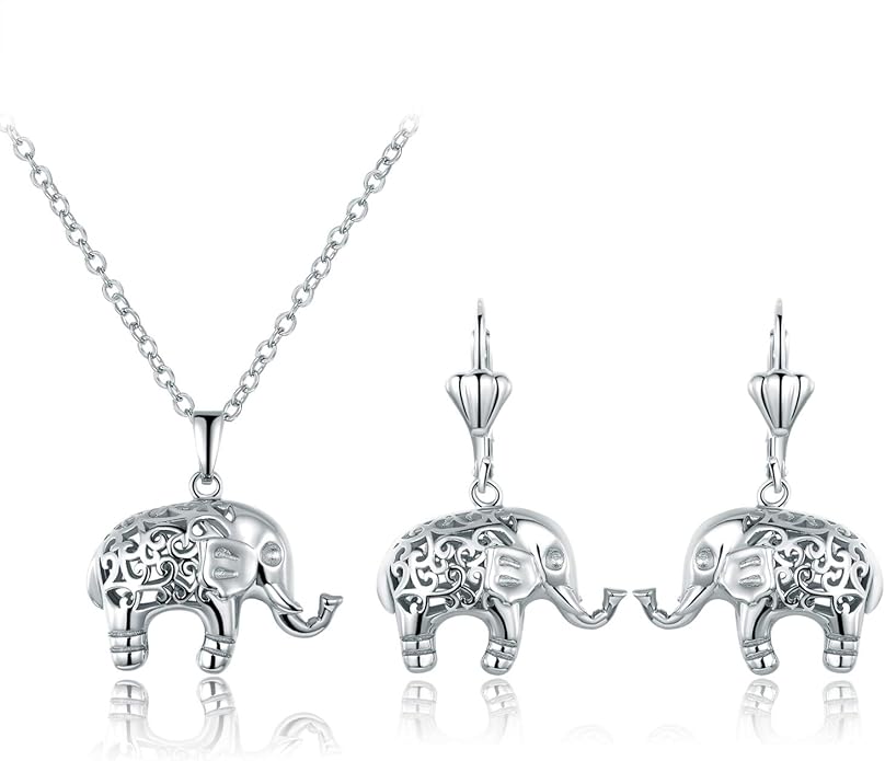 Barzel 18K Gold Plated Filigree Elephant Earrings and Necklace Jewelry Set