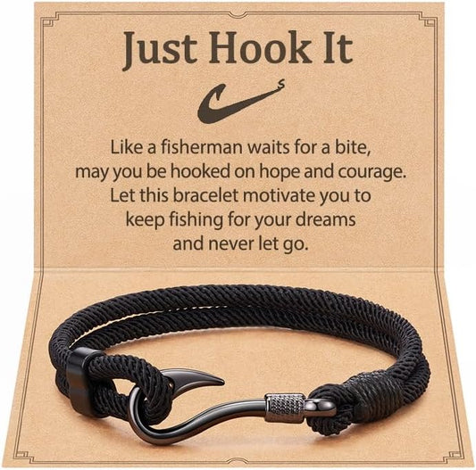 Black Bracelet for Men Husband Dad Fishing Gifts for Men Who Loves Fishing Just Hook It with Message Card