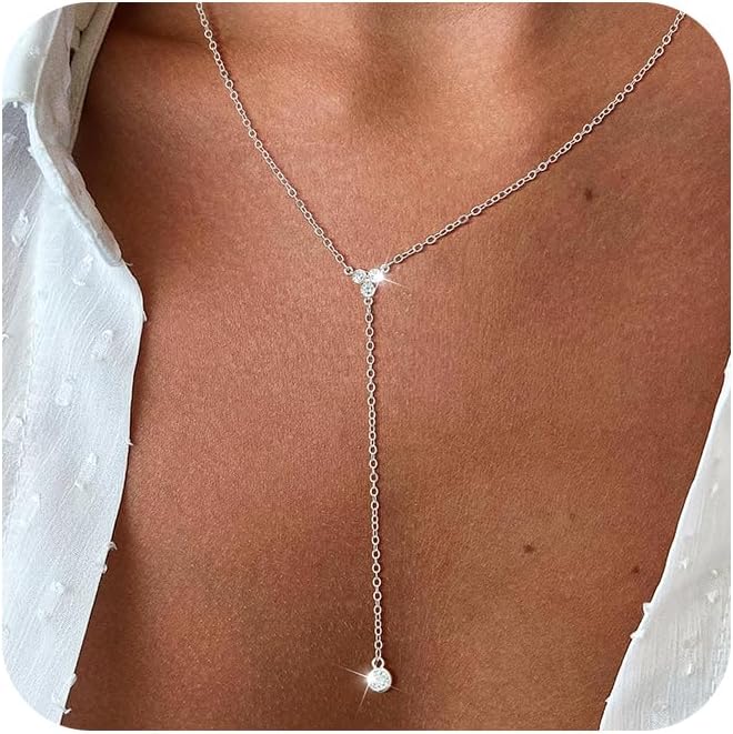 Lariat Gold Necklaces for Women Trendy Dainty Long Necklace 14k Gold Plated/Silver Layered Drop Beaded Chain Necklaces Y-shaped Pendant Necklace Simple Gold Jewelry Gifts