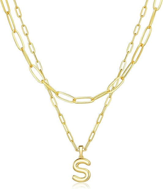 adoyi Gold Necklace for Women Layered Bubble Heart Letter Initial Necklaces for Women Trendy Jewelry 14K Gold Plated Chain Chunky Name Necklace Stack Charm A-Z Pendant Set Jewelry Gifts
