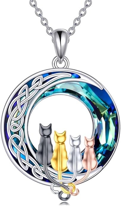 TOUPOP Christmas Cat Gifts for Cats Lovers One Two Three Four Cats Necklace Sterling Silver Cats on the Moon Pendant Necklace with Blue Circle Crystal Birthday Christmas Celtic Jewelry Gifts for Women