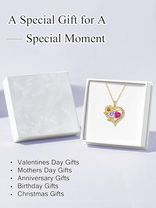 Sunflower Heart Necklace for Women 14K Gold Exquisite Anniversary Birthday Gifts for Wife Mother Her Double Birthstone Pendant jewelry‘You Are My Sunshine’