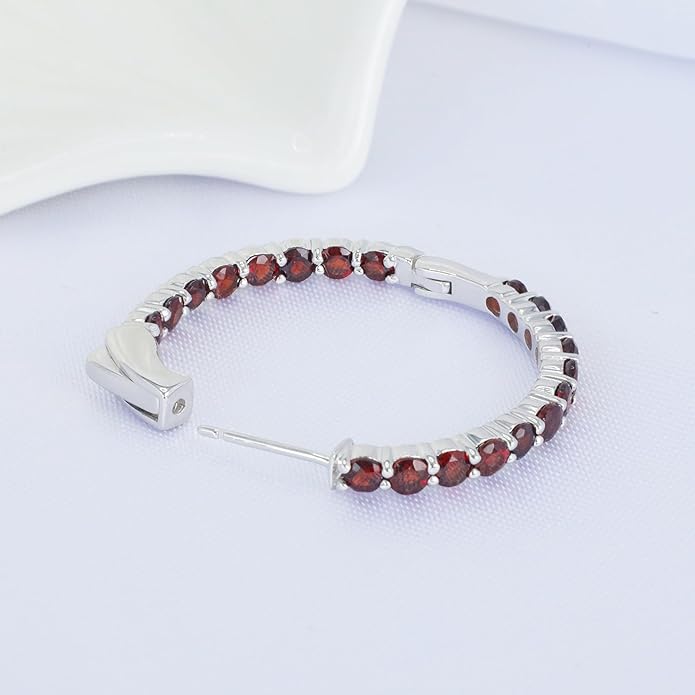 Hoop Earrings with 40 Colored Gemstones, Birthstone Earrings, 925 Sterling Silver Rhodium Plated, Push Back Closure, 1.18'