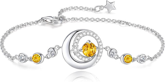 FANCIME Birthstone Bracelets 925 Sterling Silver Moon and Star Bangle Charm Bracelet Fine Jewelry Birthday Anniversary Christmas Day Gift for Her Women, Adjustable Chain 6.7"+1.2" Extend