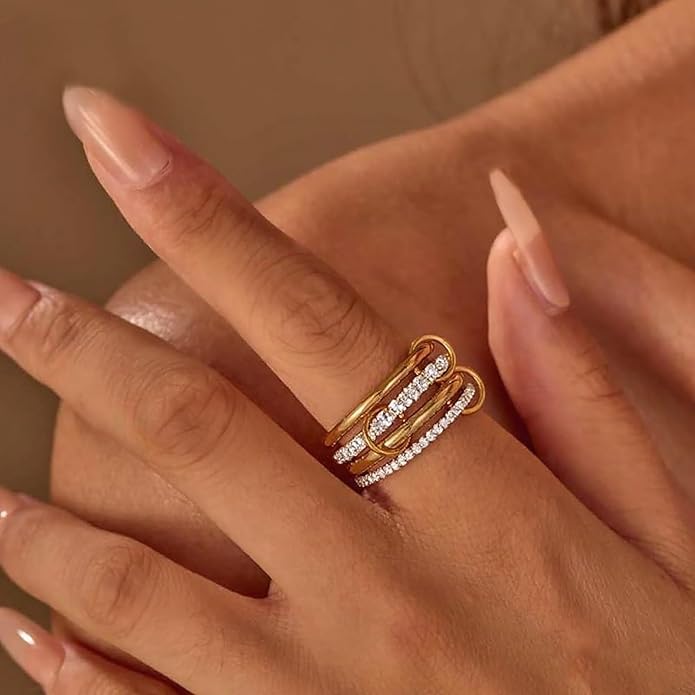 Canboer 14K Gold Plated Interlocked Stackable Rings for Women Non Tarnish,Gold and Silver Cubic Zirconia Statement Rings Set,Mixed Metals Ring Two-Toned Connected Bands Stacking Jewelry