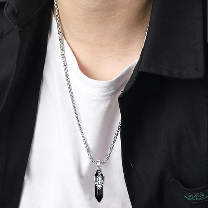 Tiaxiemo Viking Necklace for Men 925 Sterling Silver Black Obsidian Viking Necklace Norse Jewelry Gifts for Men