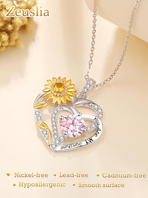 Zeuslia Double Birthstone Necklace Gifts for Wife - 925 Sterling Silver Sunflower/Rose/Crown Cross/Compass/Heart Pendant I Love You Necklace, Anniversary Birthday Gifts for Wife Girlfriend Mom Her